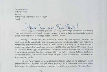 List gratulacyjny od Jacka Majchrowskiego, Prezydenta Miasta Krakowa