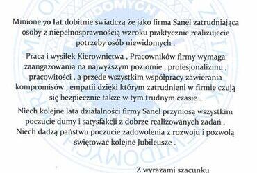 List gratulacyjny od Ryszarda Frasia, Prezesa Zarządu Polskiego Związku Niewidomych Oddział Małopolska