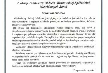 List gratulacyjny od Katarzyny Gonciarczyj, Dyrektor Specjalnego Ośrodka Szkolno-Wychowawczego nr 3 w Krakowie